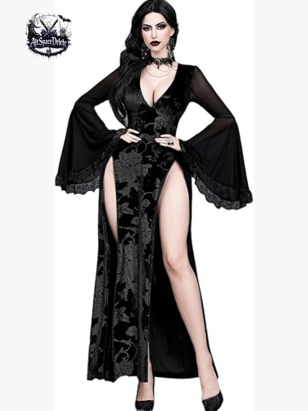 Vintage Maxi Dress with High Slit, Lace Embroidery, Corset Back, Long Sleeve